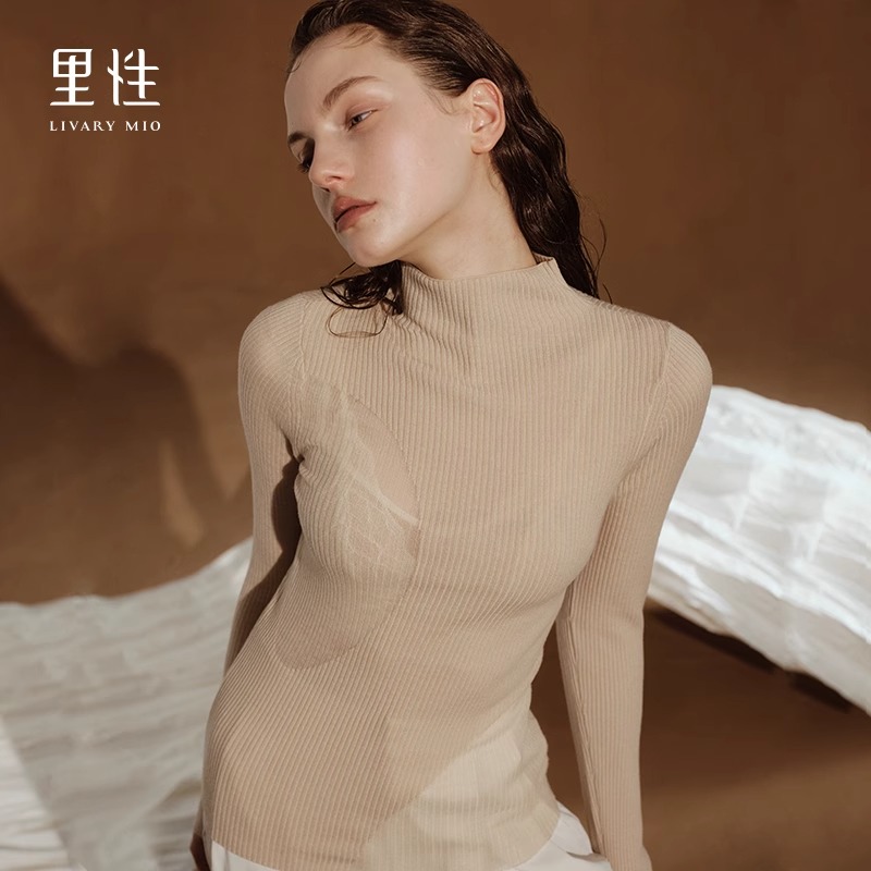 Livary Mio/里性流光 绵羊毛打底衫半领性感微透套头女针织衫上衣