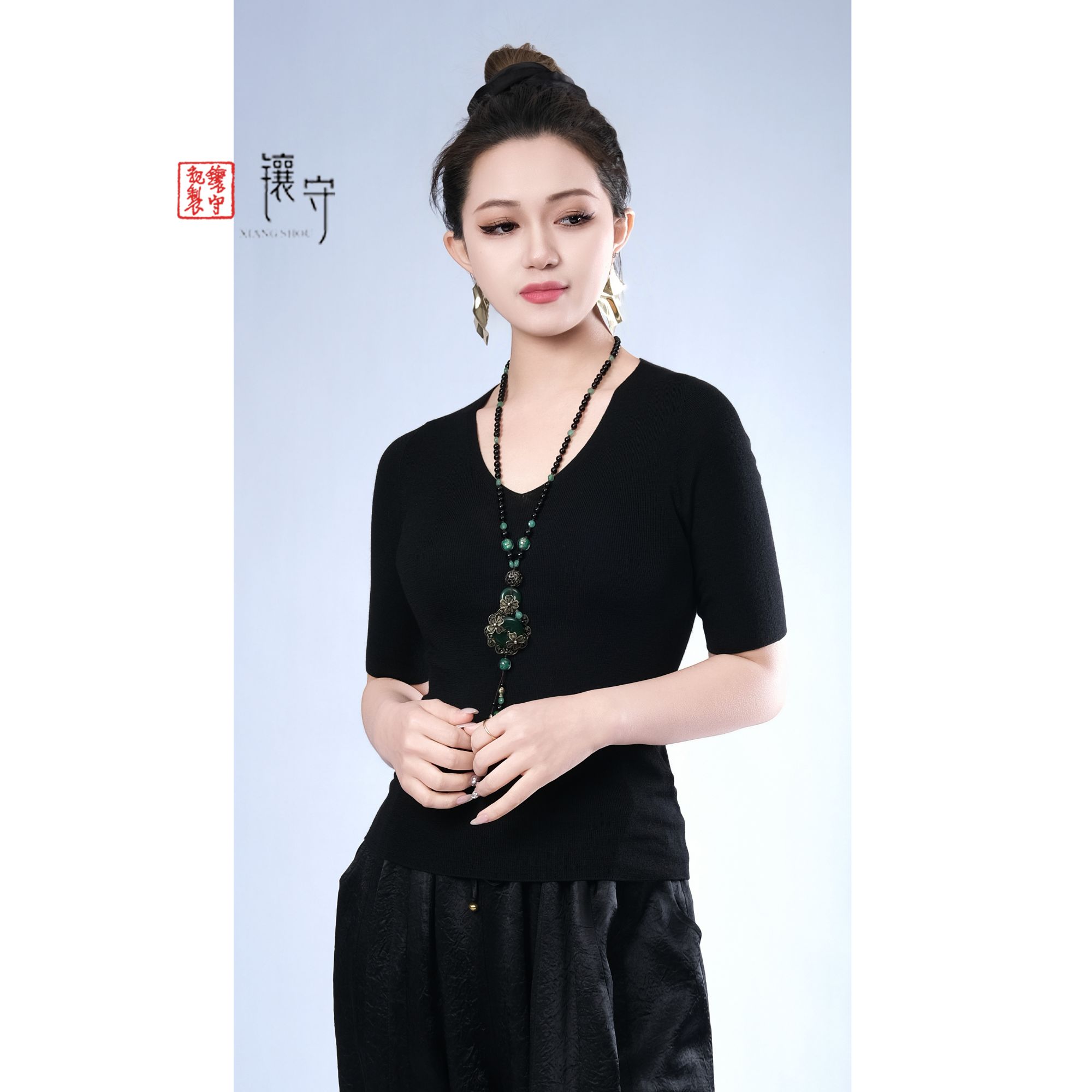 【镶守·秋水】省心穿搭美丽诺羊毛百搭神器黑色低领内搭短袖Y70139