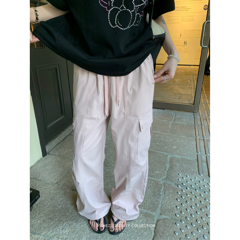 YISHEZ “英区时髦”夏季工装裤女松紧腰大口袋直筒裤