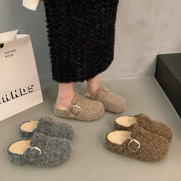 内增高厚底毛呢勃肯鞋包头毛毛拖鞋女外穿2025新款秋冬半拖棉拖鞋