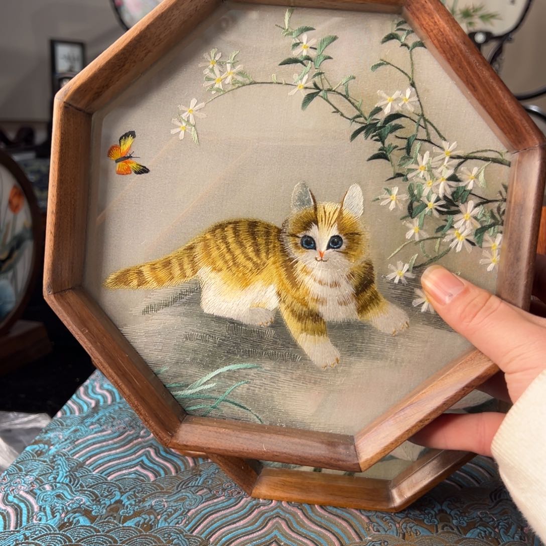 刺绣纯手工刺绣双面绣实木摆件 