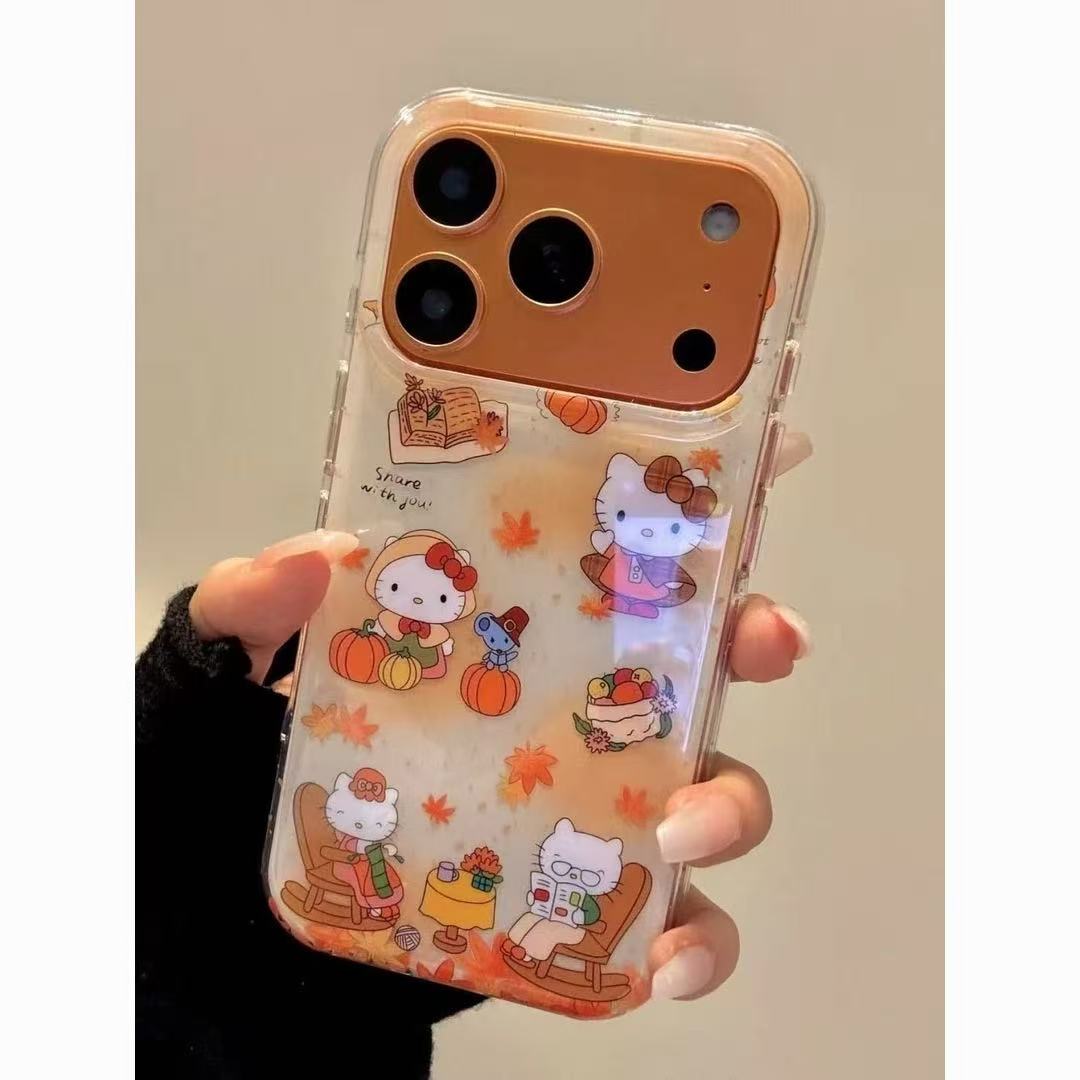 趣味秋冬南瓜凯蒂猫图案适用苹果手机13-17可爱防摔透明手机壳