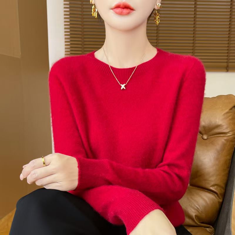 100%羊毛衫 本命年新年红针织衫女圆领毛衣百搭秋冬季软糯打底衫