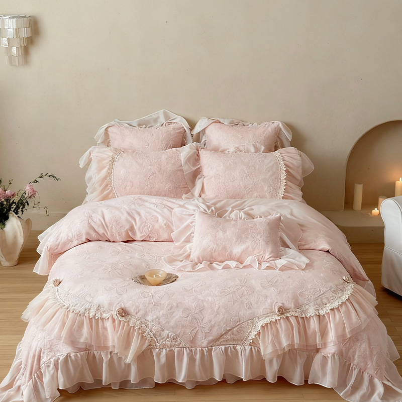 皇后娘娘法式公主风荷叶边床盖款四件套牛奶绒双面绒冬季加厚被套