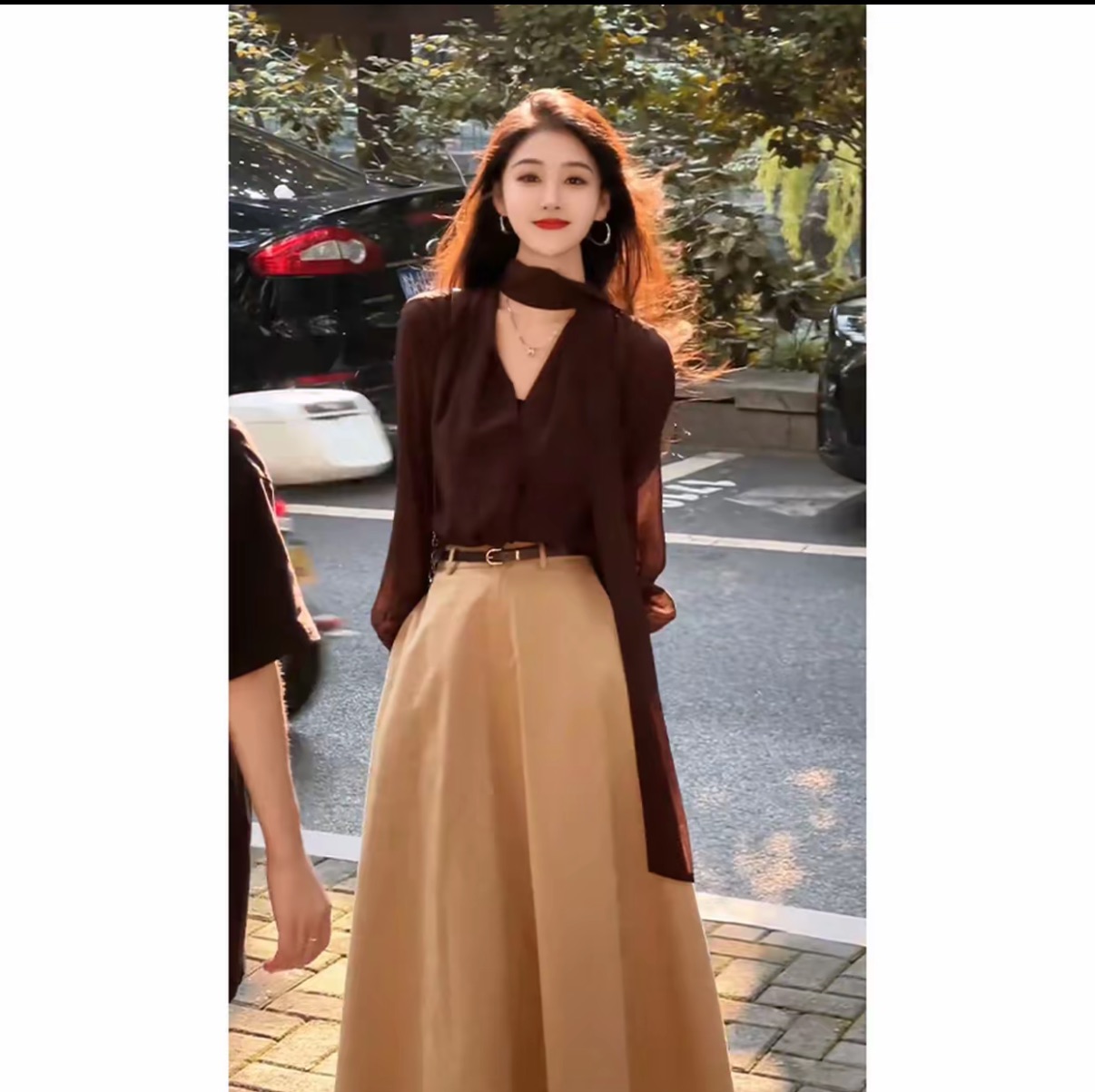 （在仓发货+运费险）2025早秋新款女穿搭V领长袖上衣气质高腰半身裙