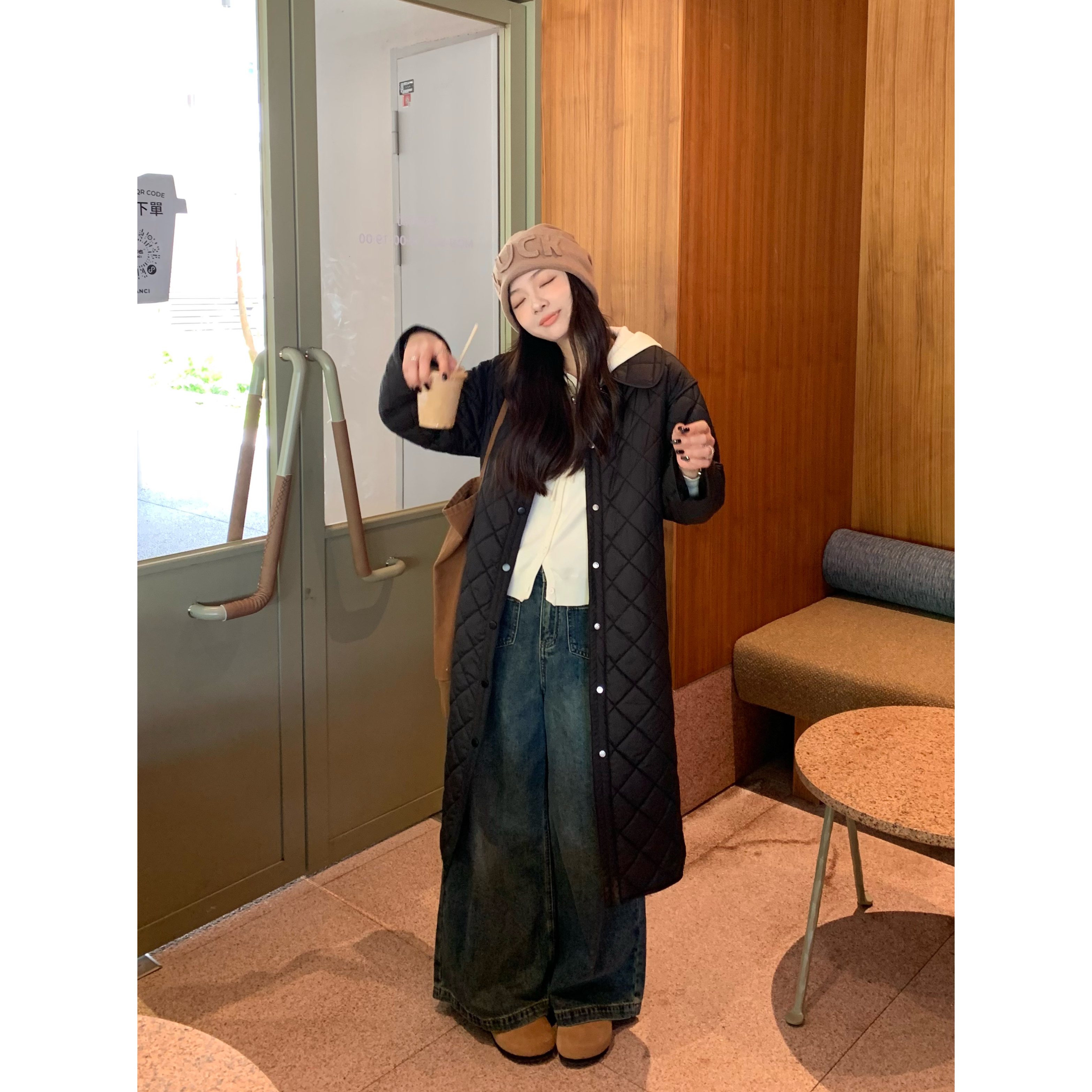 YO定制小个子秋冬百搭轻便保暖菱格棉服外套简约长款翻领棉衣