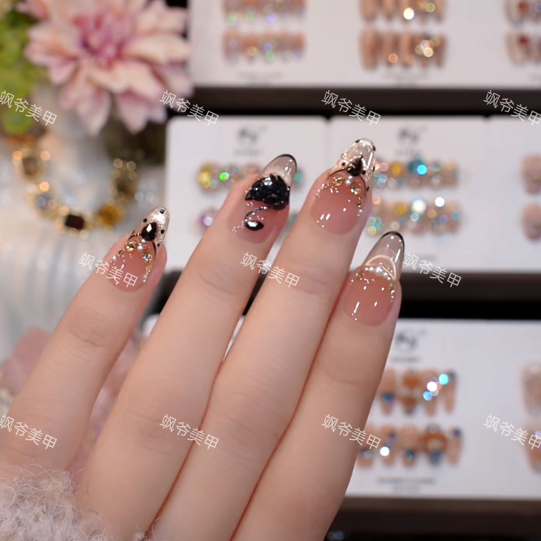 赫本黑天鹅-美甲店手工穿戴甲-钻石店-可重复佩戴-掉钻包补-10片