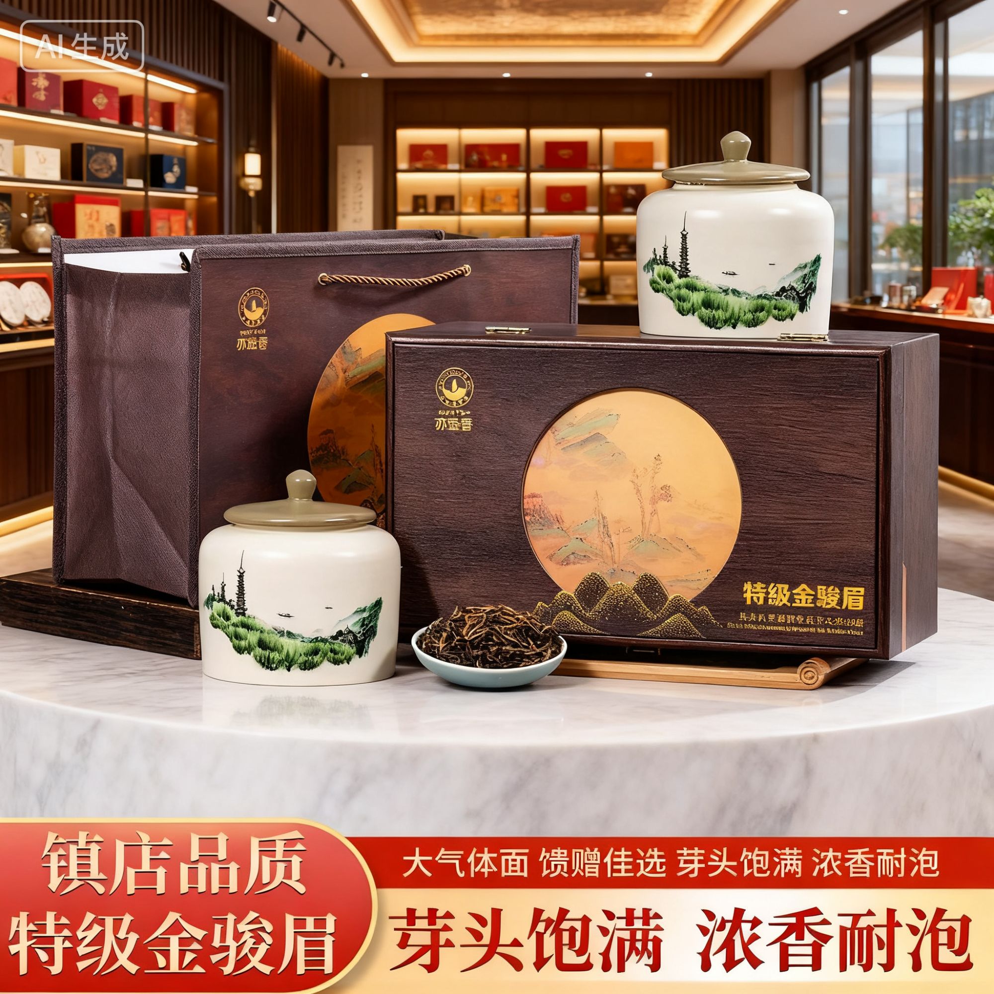 特级-金骏眉复古山水画高档木质礼盒-中秋节送礼 可以试喝一罐