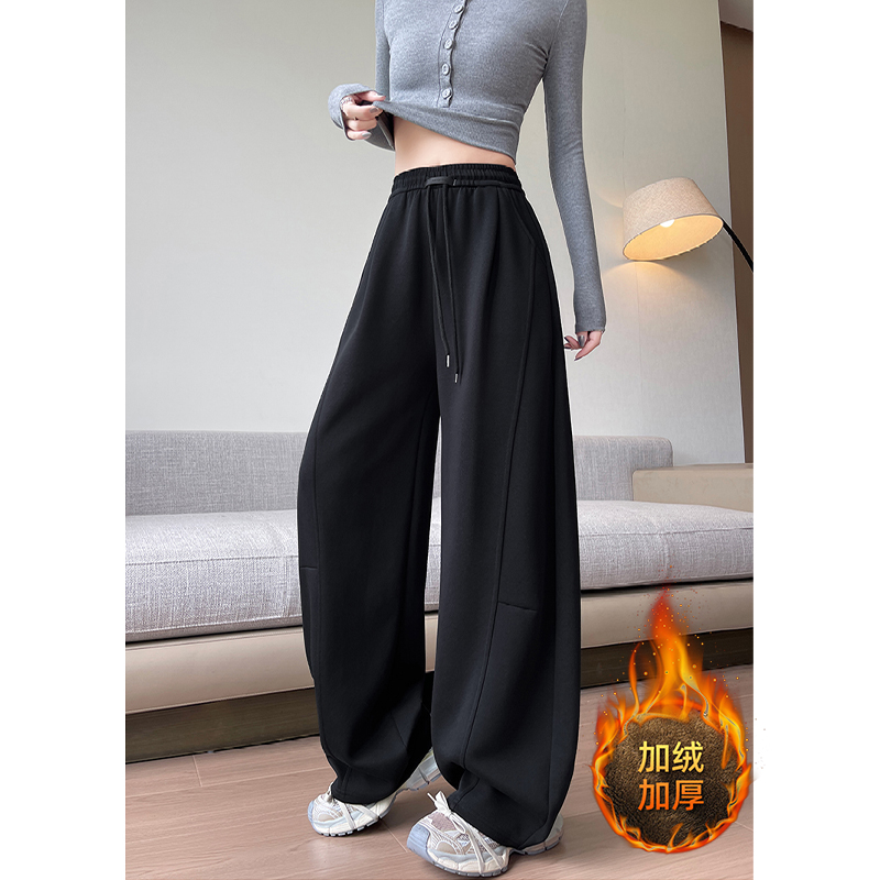 300斤胖mm大码女装黑色休闲简约加绒保暖卫裤女纯色百搭直筒裤子