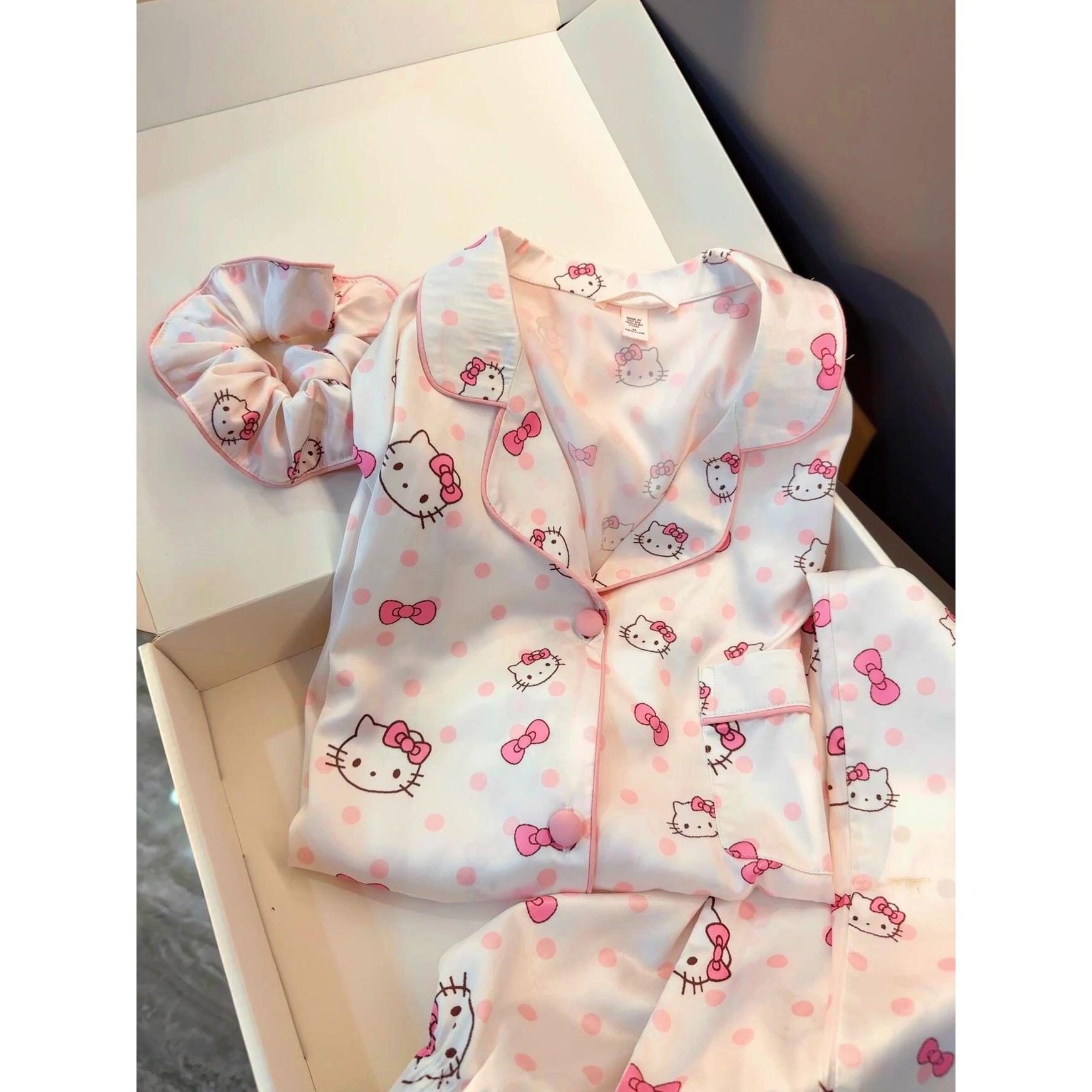 韩系甜美冰丝睡衣女款2025年新款少女可爱凯蒂猫家居服大码套装夏