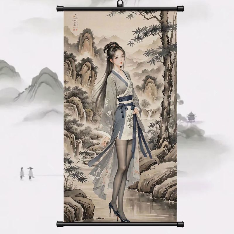 仕女图中国风仿古代复古挂画卷轴竖版客厅书房油画布古典壁画