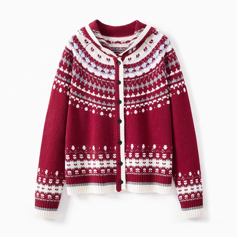 【费尔岛】100%绵羊毛女式加厚款连帽针织开衫24536