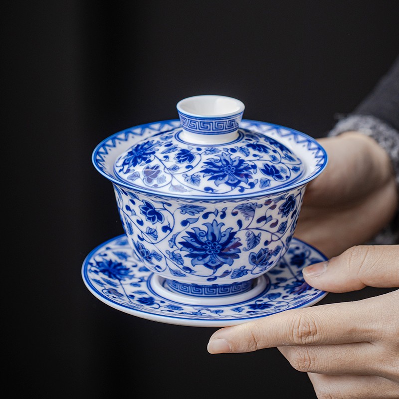 悬停盖碗缠枝莲青花复古三才泡茶杯羊脂玉白瓷单个不烫手陶瓷茶具