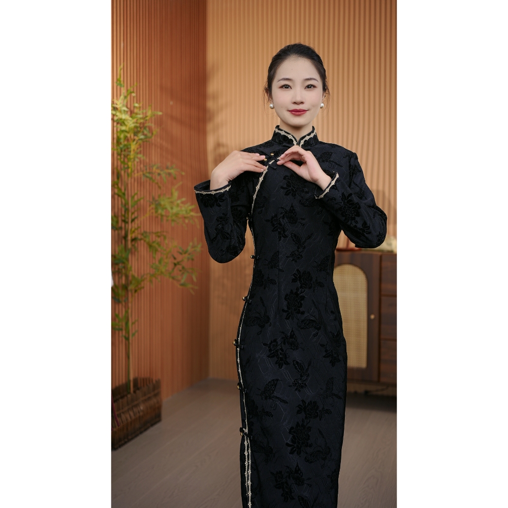 【澜月】全开襟衣长130冬季新款古法长款加绒高档旗袍