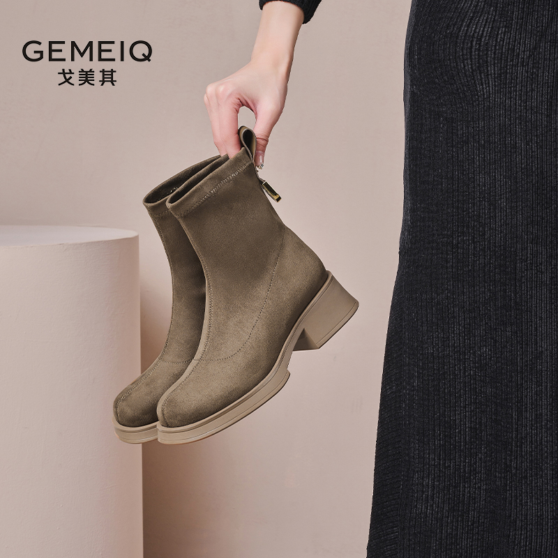 戈美其时装靴时尚单靴女鞋粗跟秋冬马丁靴圆头英伦风女靴A337