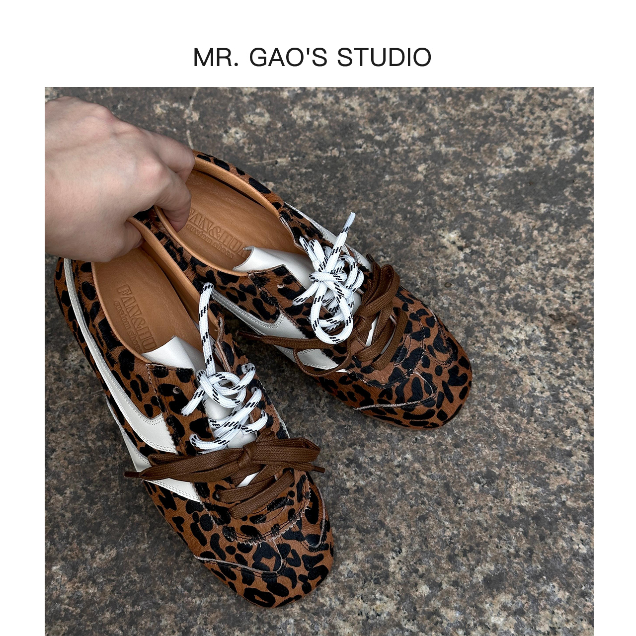 MR.GAO/高老板轻奢小众拼色豹纹平底舒适德训鞋内增复古时尚/单鞋