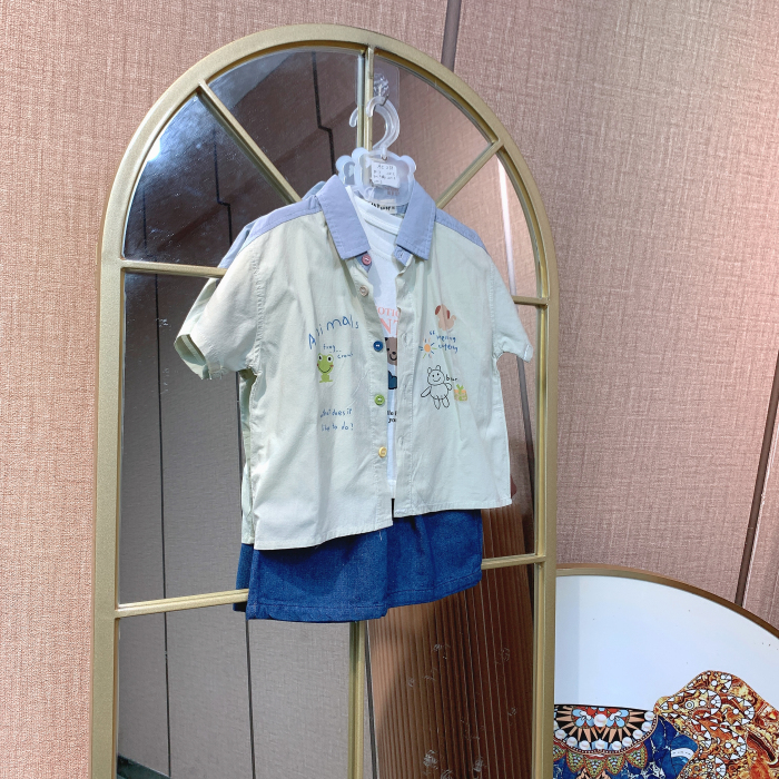 AC278   宝宝白色T恤米色短袖衬衣蓝色短裤三件套