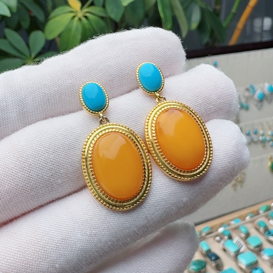 绿松石银S925镀金镶嵌耳饰耳环