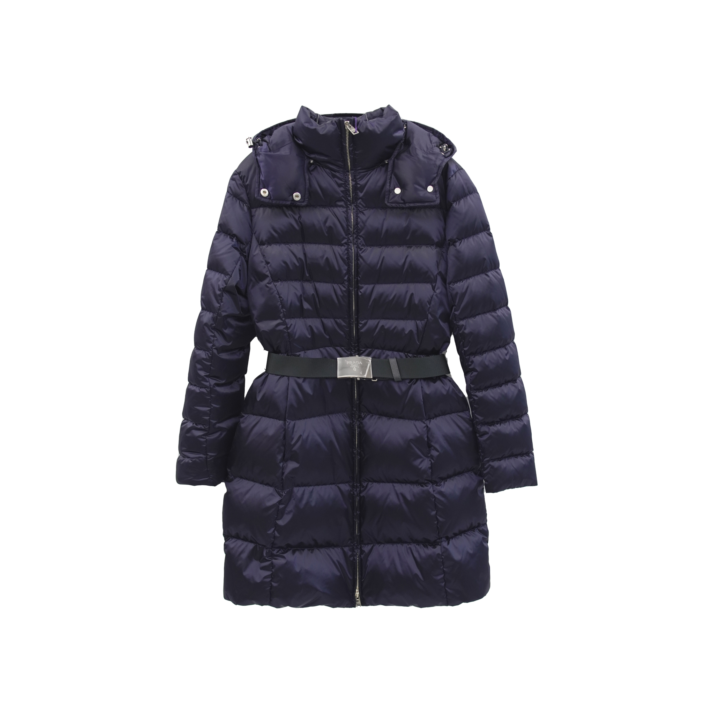 未使用 Prada/普拉达 纯色连帽配腰带羽绒服/蓝色 黑色可选