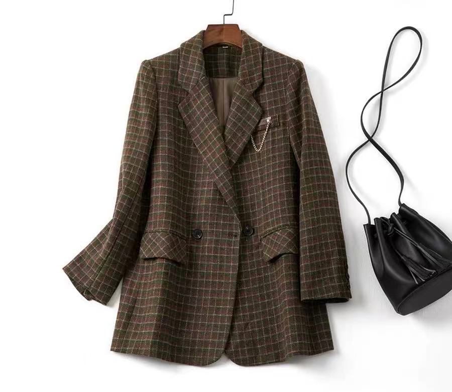 【JX021绿格西服外套】M多多专属休闲百搭女士显瘦长袖短款宽松秋冬