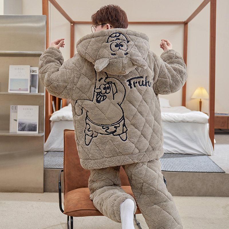 bejirog/北极绒男士冬季时尚连帽款珊瑚绒睡衣青少年三层夹棉套装