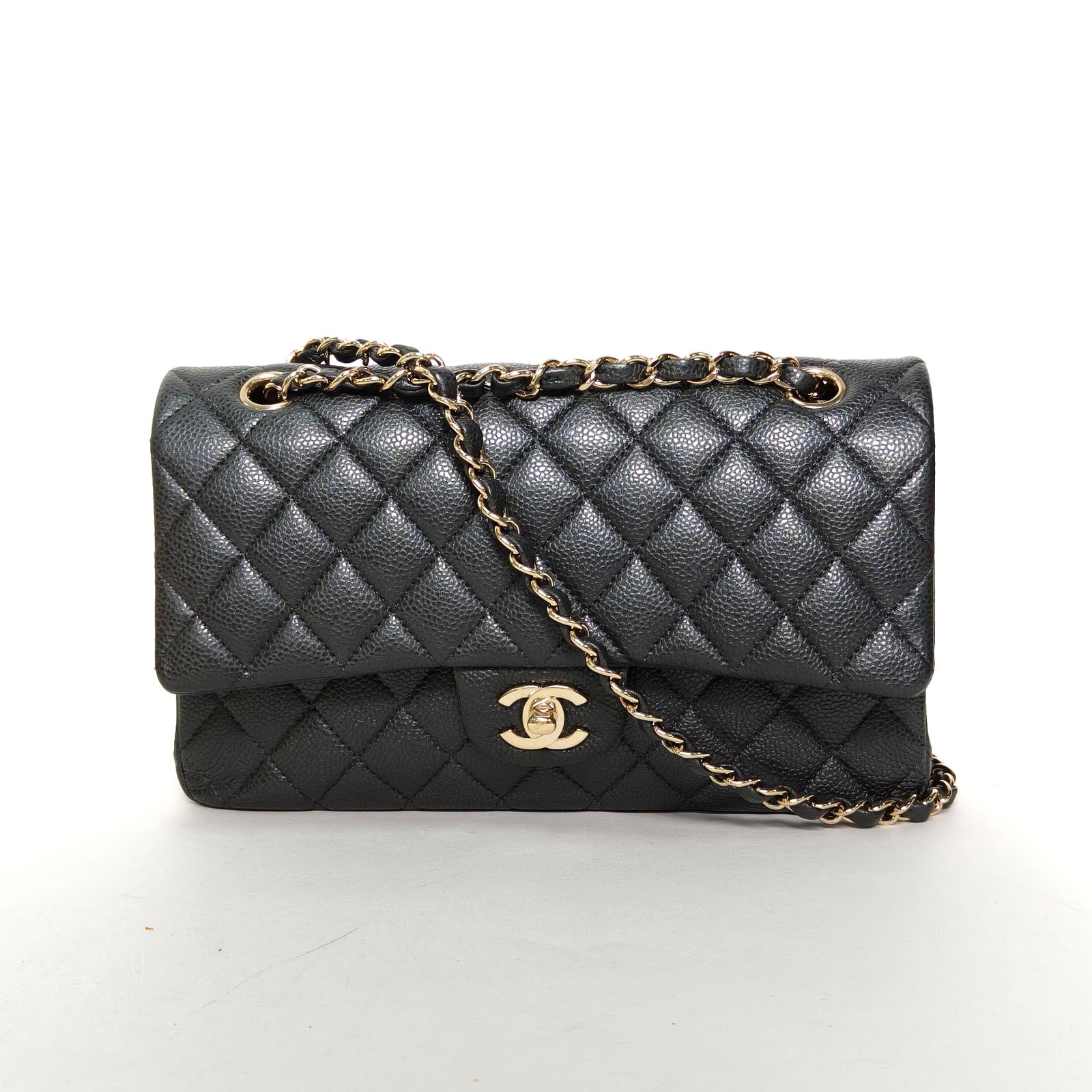 99新 Chanel/香奈儿 【小花黑黑】CF 口盖包 中号 深灰色 25开