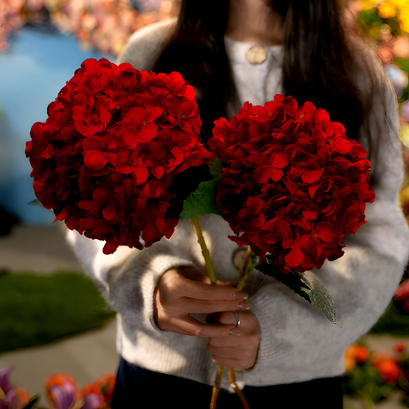 3D渲染红色大叶绣球花216片 高端红色仿真花餐桌玄关花 极简风