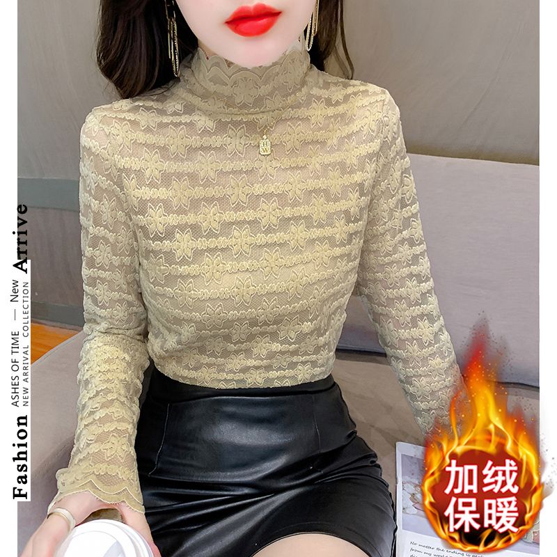 网红新款半高领蕾丝打底衫女秋冬内搭洋气小衫长袖钩花网纱上衣