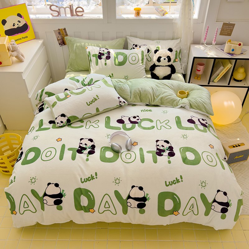 牛奶绒四件套恒温加绒被加厚双面珊瑚绒被套字母熊猫床上三件套