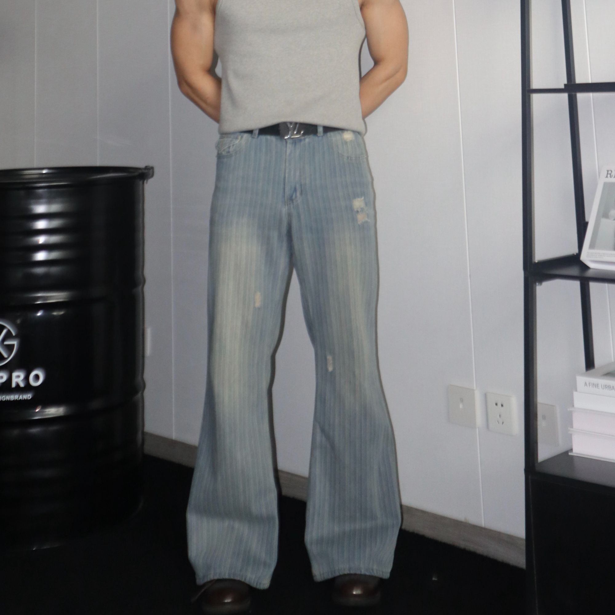 ktspro巴黎复古竹节微喇潮流中性款街头水洗竹节纹设计宽松男式