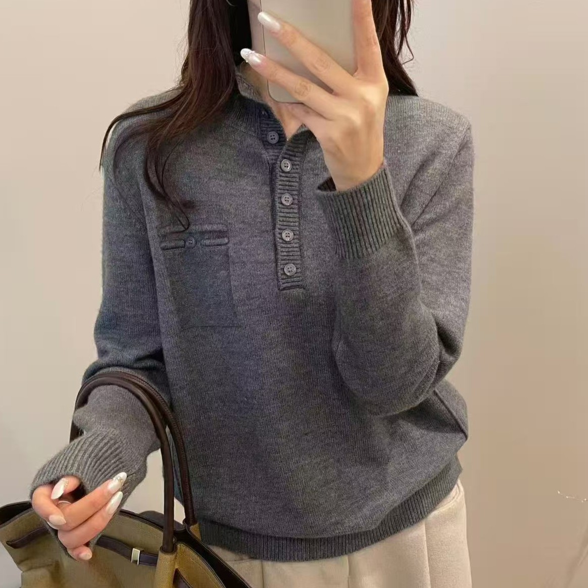 【立领排扣-灰色】秋冬女装长袖减龄洋气宽松立领针织衫上衣套头