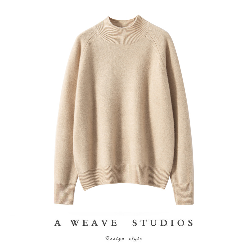 24新款100小山羊绒半高领插肩宽松双股纱休闲纯色百搭针织毛衣