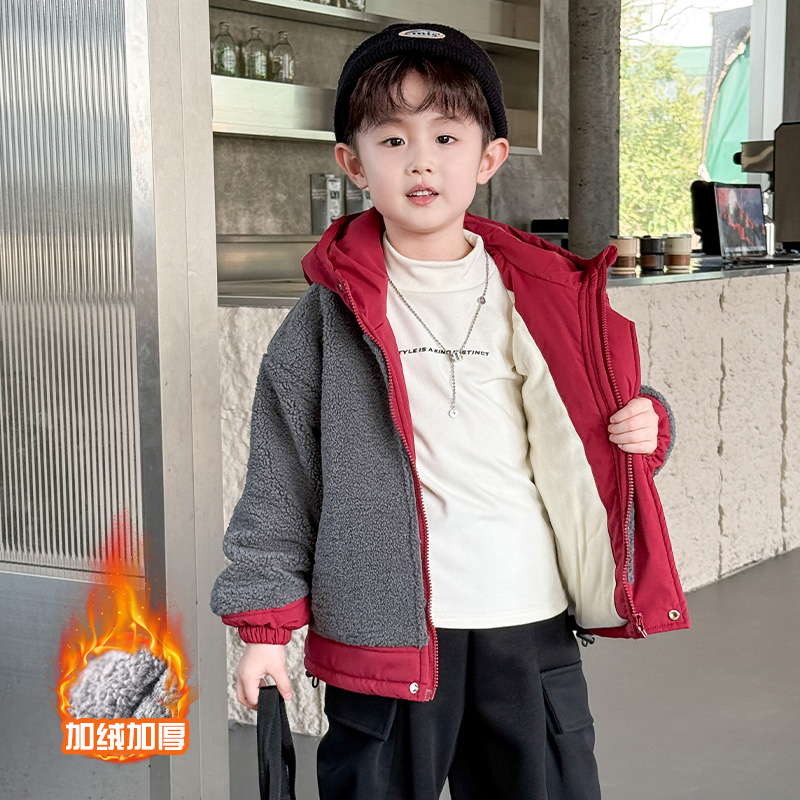 男童冬装毛毛衣棉服2025新款儿童韩版冬季拼色加绒加厚连帽棉衣潮