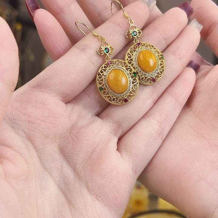 裸石琥珀银S925镀金镶嵌古风蛋面耳饰