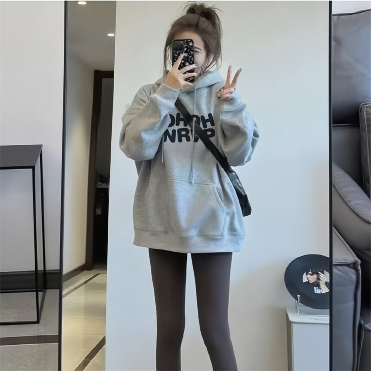 新款白色慵懒风休闲加绒加厚连帽长袖卫衣女简约字母印花卫衣ins