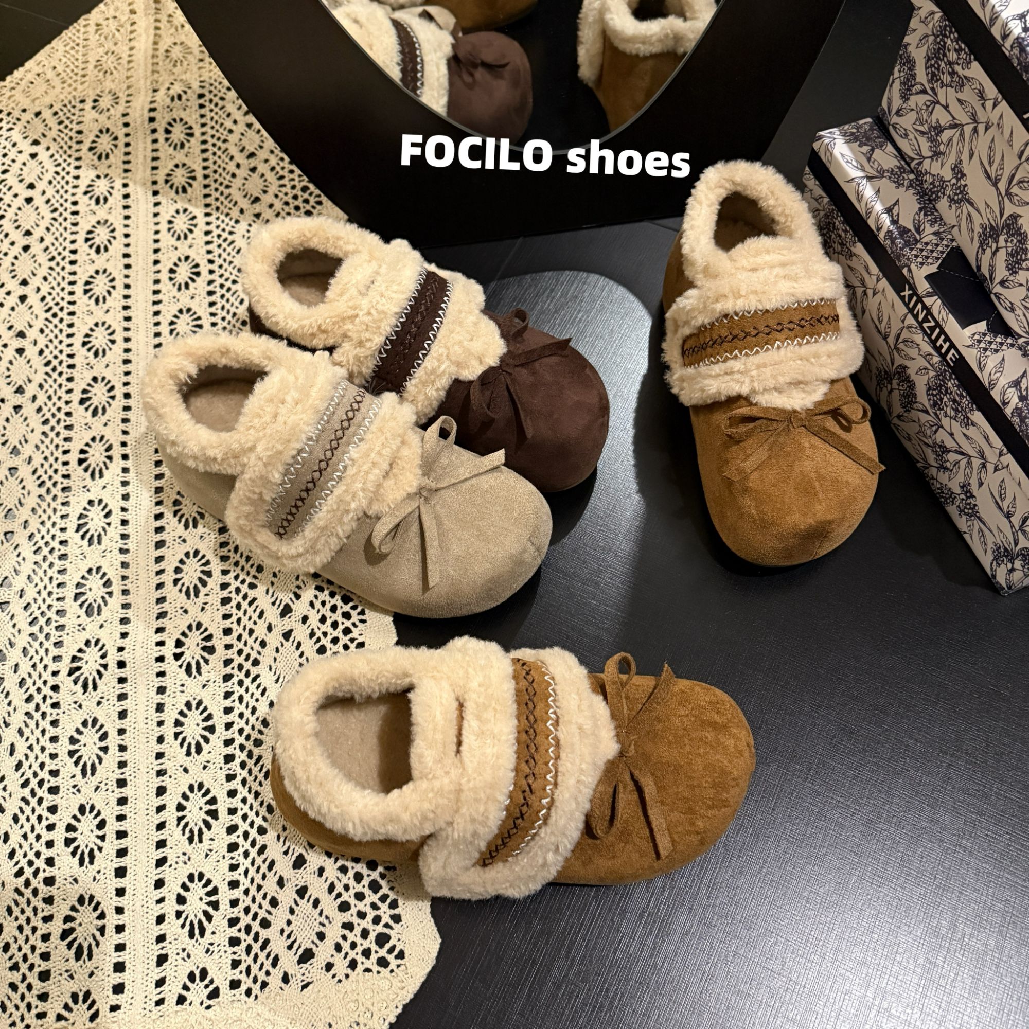 加绒勃肯鞋女2025新款冬季厚底魔术贴可爱毛毛蝴蝶结保暖毛绒棉鞋