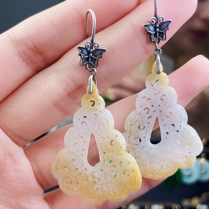 翡翠耳饰银S925镶嵌饰品