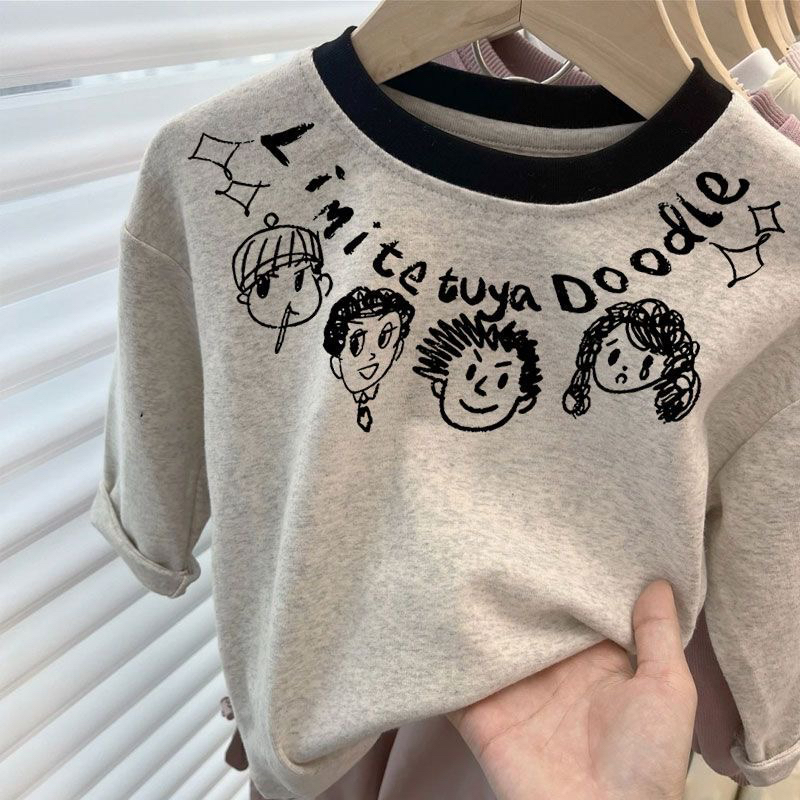 韩系纯棉儿童新款长袖T恤可爱百搭圆领男女童卡通拼色打底上衣