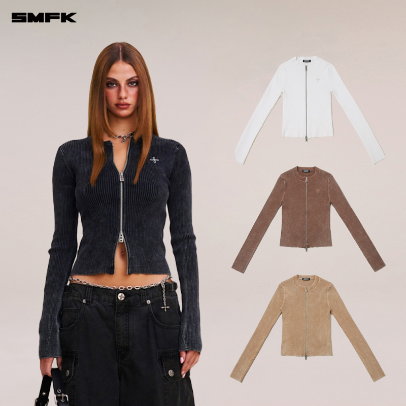 SMFK野性复古拉链针织开衫 CPV11B 复古修身百搭长袖拉链上衣