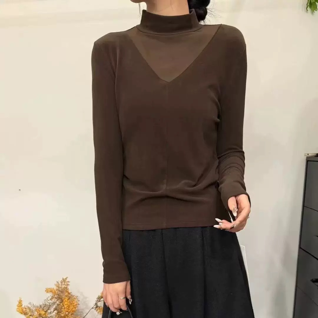 立领网纱拼接磨毛长袖纯色女士秋冬新款显瘦打底T恤