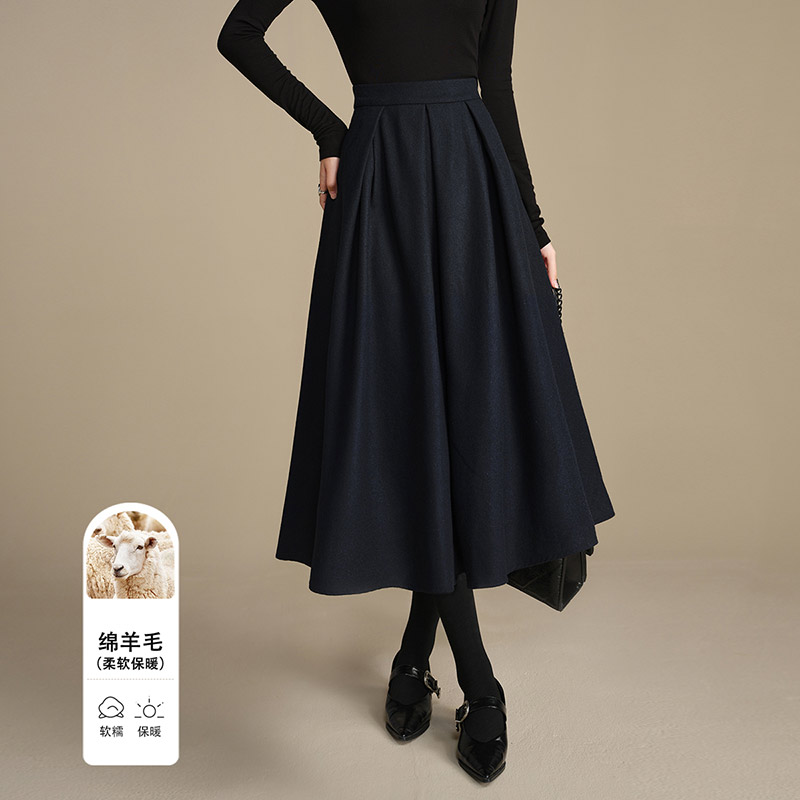 晚白【新品】2025百搭裙子绵褶皱及膝半裙25081125
