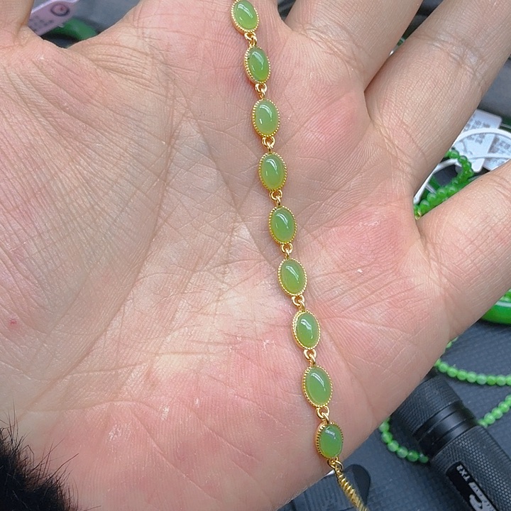 和田玉（碧玉）手链银S925镀金镶嵌