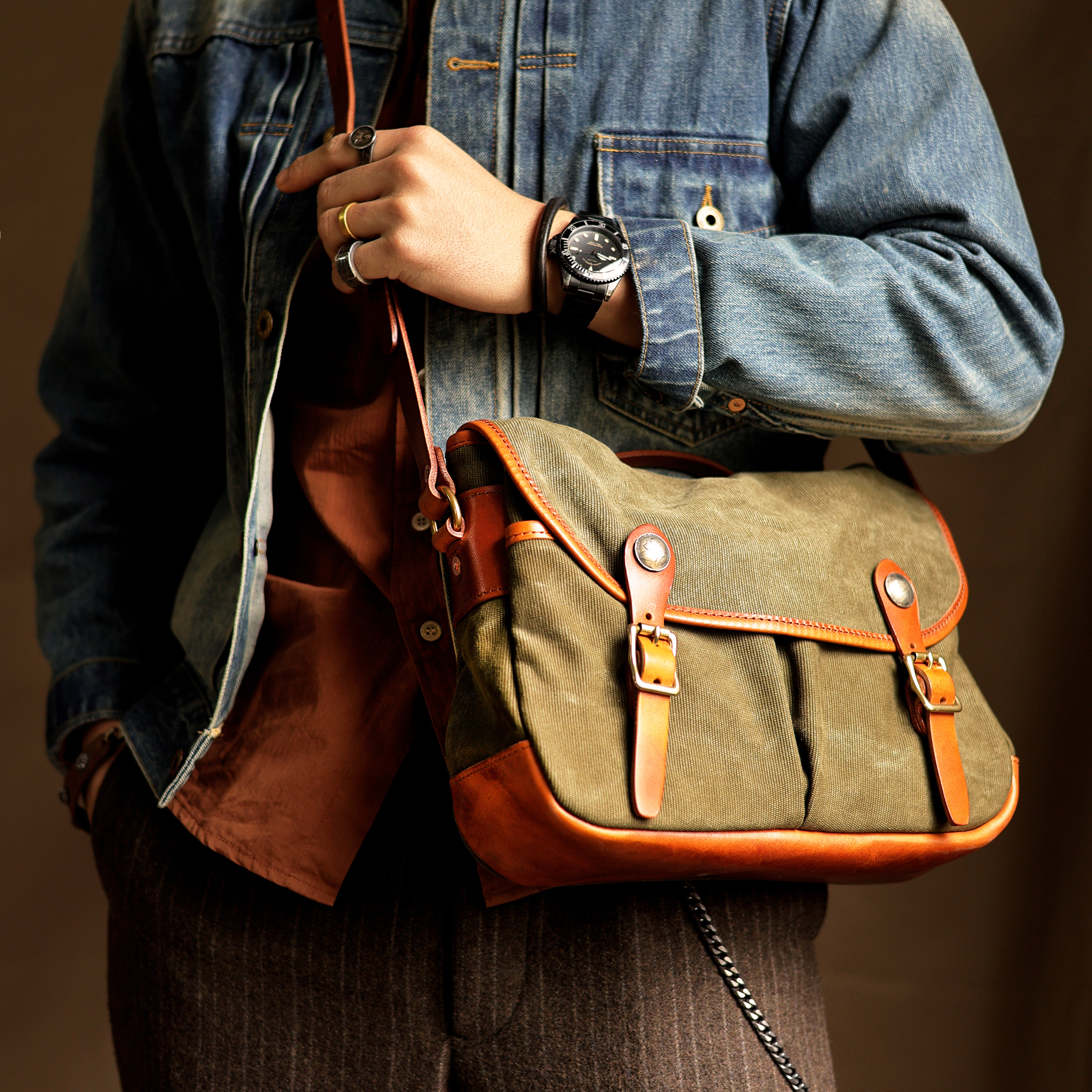 美式硬派斜挎邮差包vintage意大利头层牛皮骑行单肩斜挎帆布包