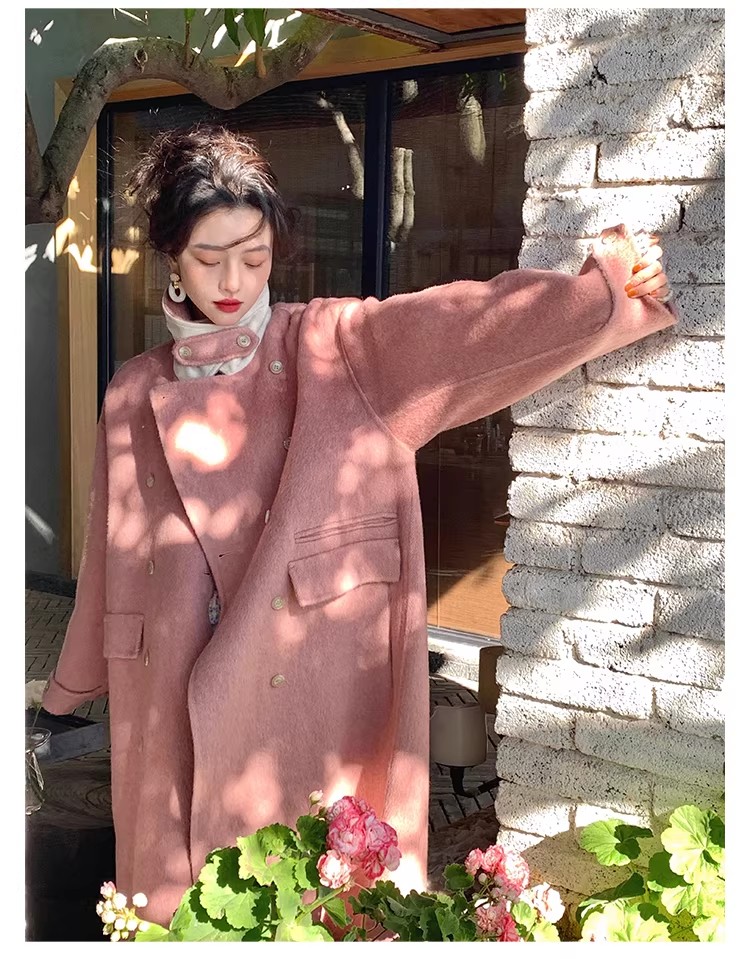 酒午港风复古含10羊驼毛双面呢大衣中长款宽松外套女冬季KLF2889