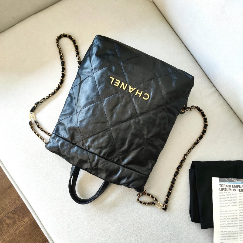 95新 Chanel/香奈儿 23A黑金亮面牛皮22bag小号双肩包53179