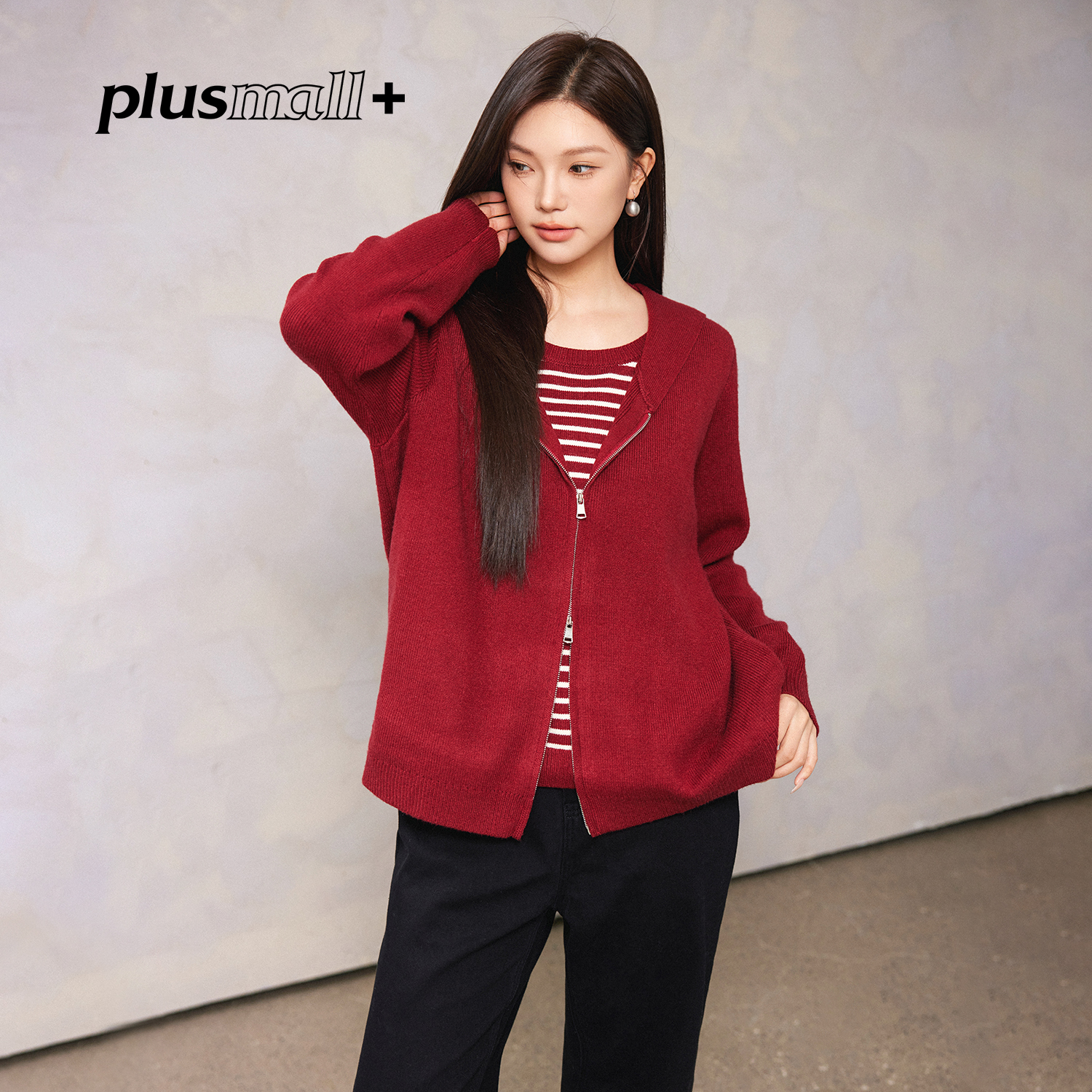 PLUSMALL 暮枫柔砂 假两件条纹拼接毛衣连帽针织开衫PM2511121