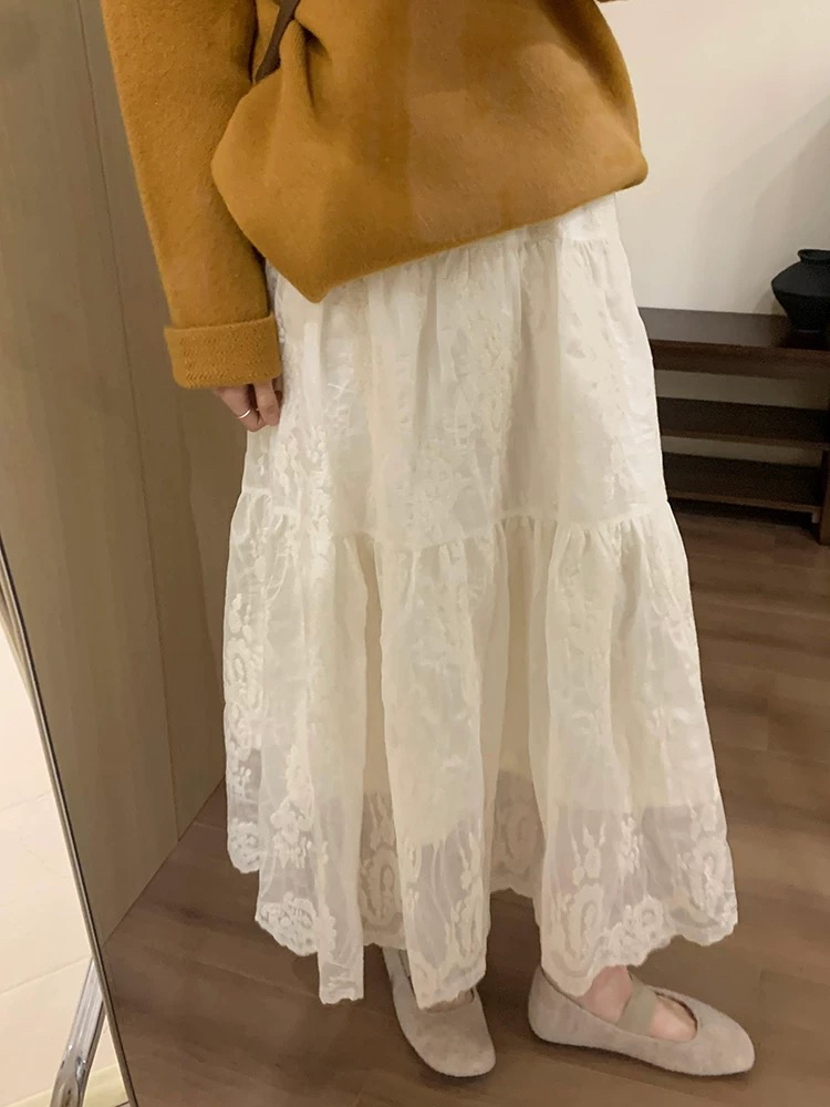 淑女风加绒蕾丝半裙2024秋季新款休闲显瘦高腰温柔气质保暖伞裙女