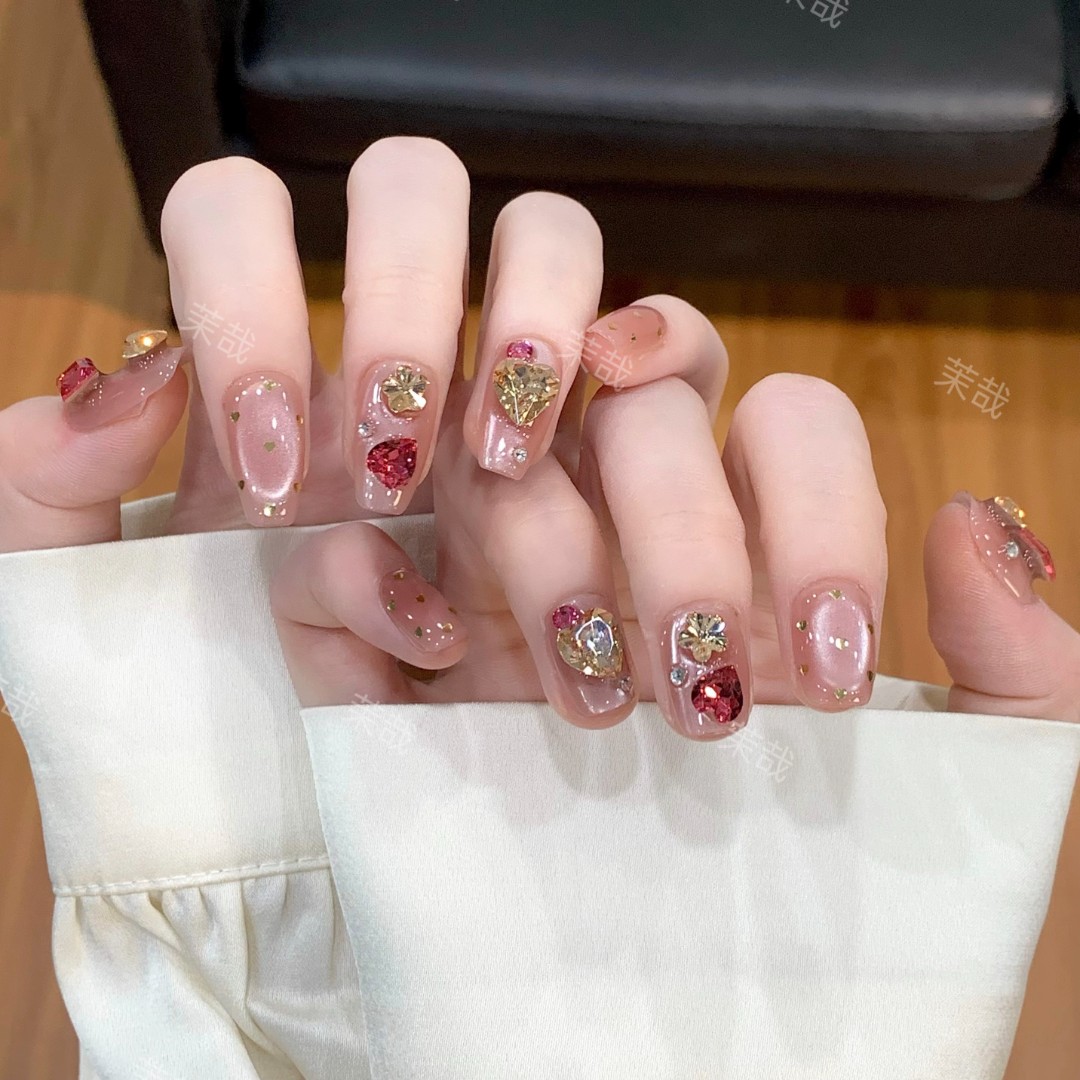 茉哉  II 现货【桃金馥语】纯手工定制美甲拆卸穿戴甲A3864