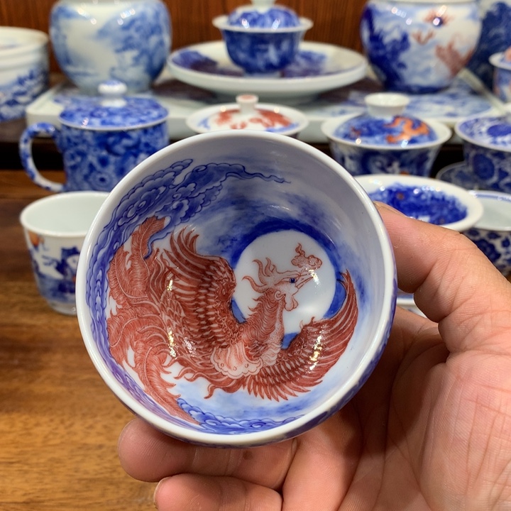 自成堂柴窑青花釉里红凤凰杯