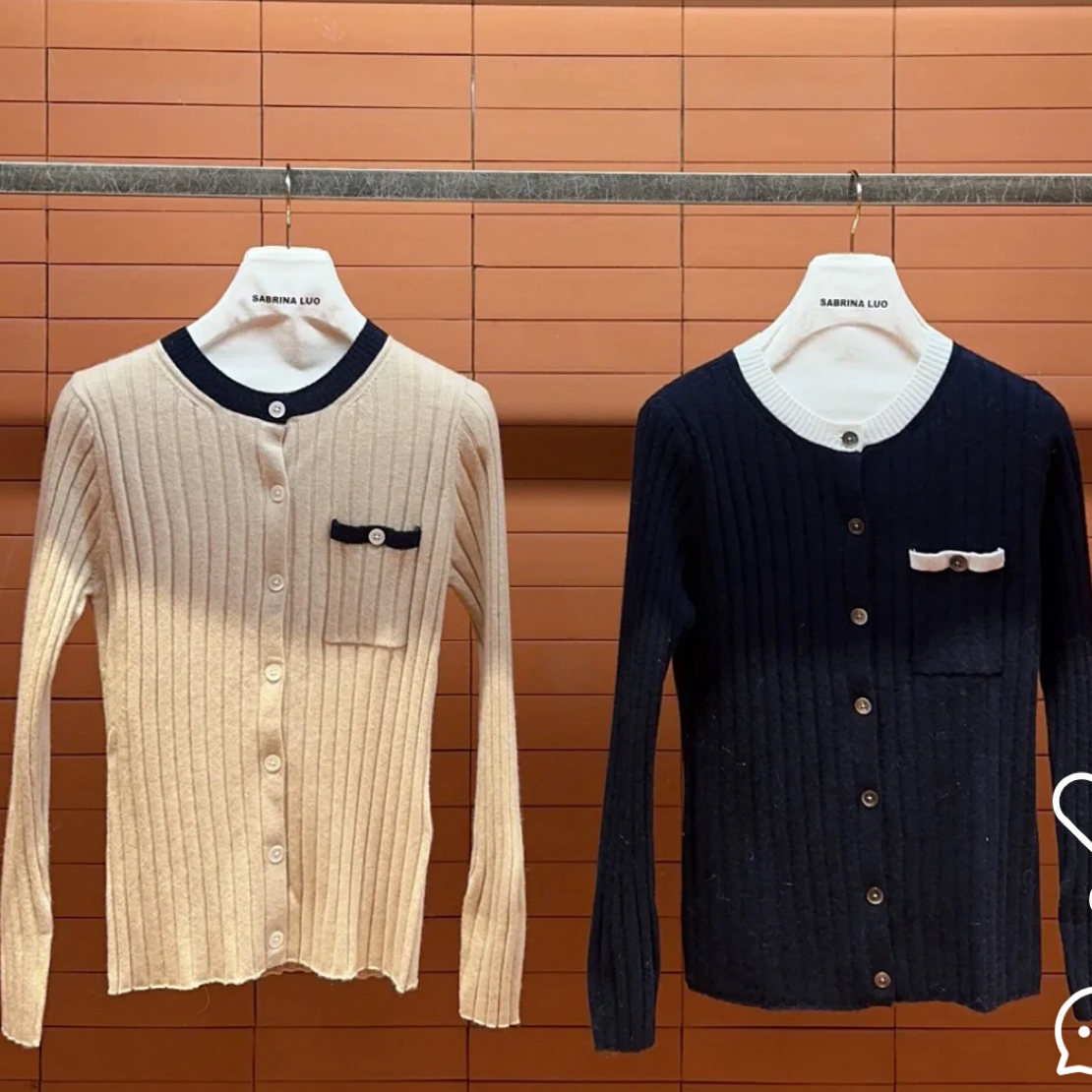 现货正P山羊绒小香宽罗纹长袖针织衫女25AW冬季新款百搭撞色上衣